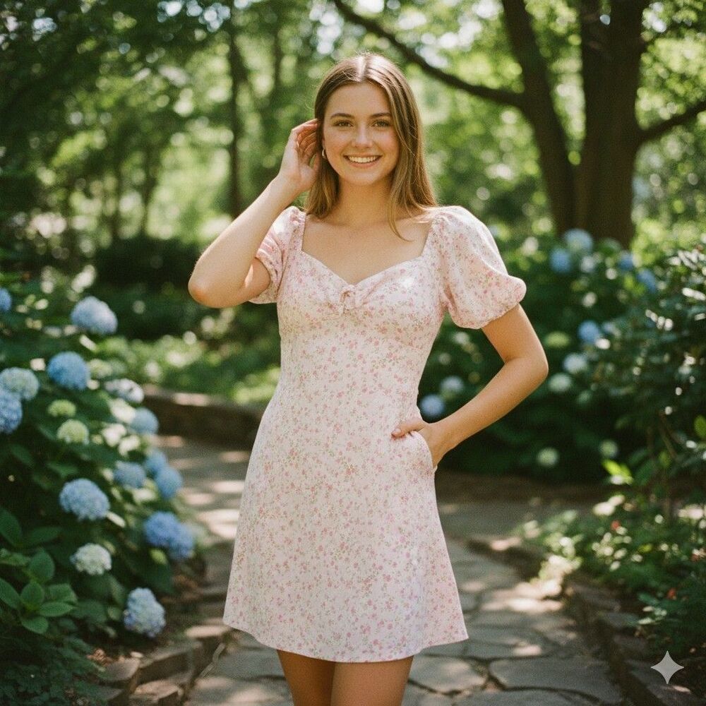 ​No Boundaries Pink Floral Mini Dress Cottagecore Coquette Puff Sleeve Boho L